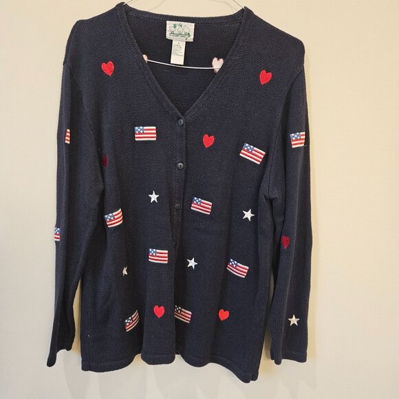 The Quacker Factory Patriotic Womens Sweater American Flags & Hearts size Large - Picture 1 of 5